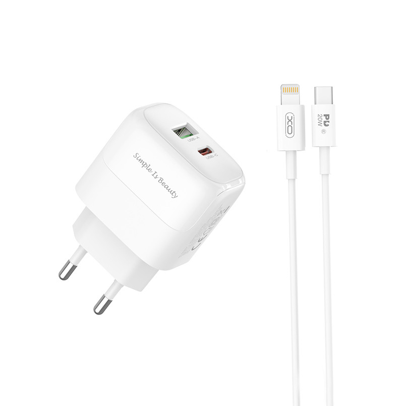 Мережевий зарядний пристрій XO L137 PD20W/QC18W 1USB-A+1USB-C + Lightning кабель білий Львів - фото 1