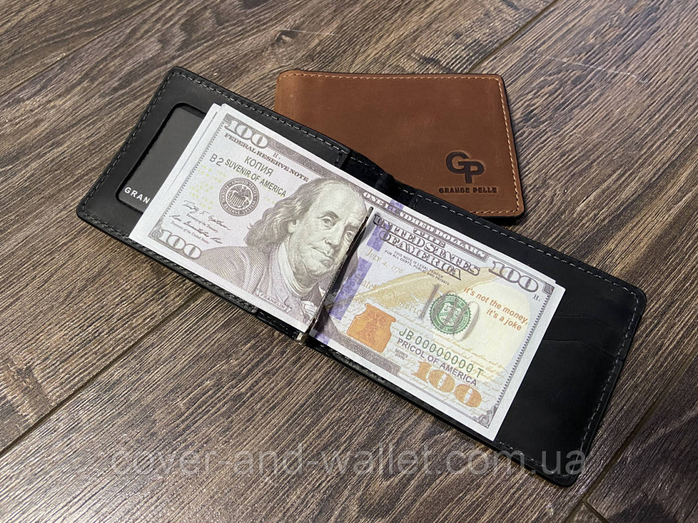 Стильний шкіряний затискач для грошей та карток ручної роботи чорного кольору Grande Pelle Київ - фото 5