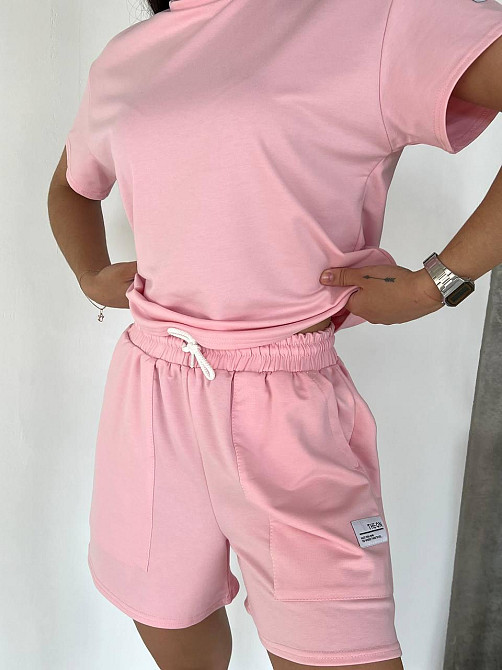 Женский летний прогулочный костюм двойка: футболка и шорты двунитка Розовый, 42/46 Одесса - изображение 3
