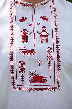 Вышиванка мужская льняная, белая, длинный рукав, лен  топ Киев