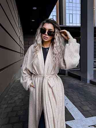 Женский теплый длинный кардиган на запах плотная альпака Беж Одесса