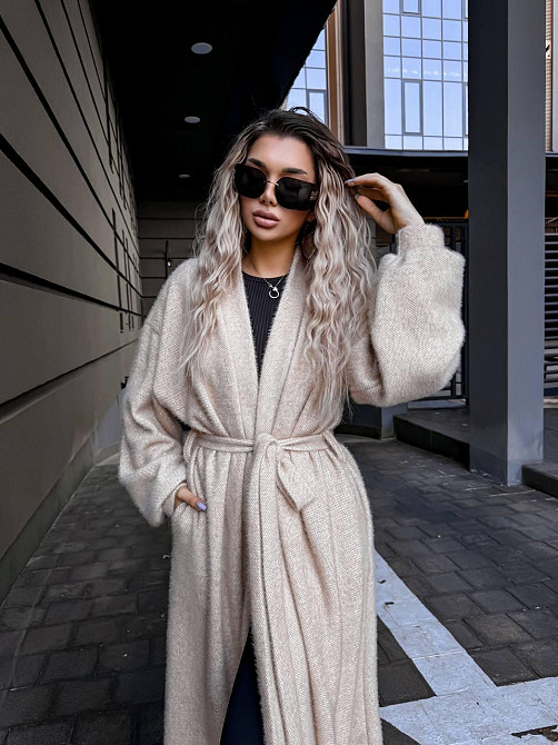 Жіночий теплий довгий кардиган на запах щільна альпака Беж Одеса - фото 6