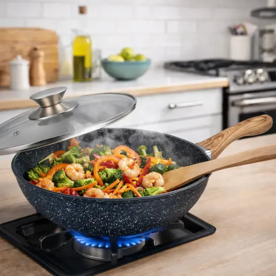 Сковорода WOK Benson с мраморным антипригарным покрытием и крышкой 30 x 8 см (BN-490) Коломыя