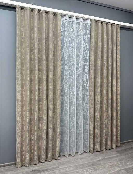 Комплект штор VR-Textil Жаккард Мрамор 150х270 2шт и Тюль 400х270 1208ш-1400т Бежево-серый с белым 71-006/3 Киев - изображение 3