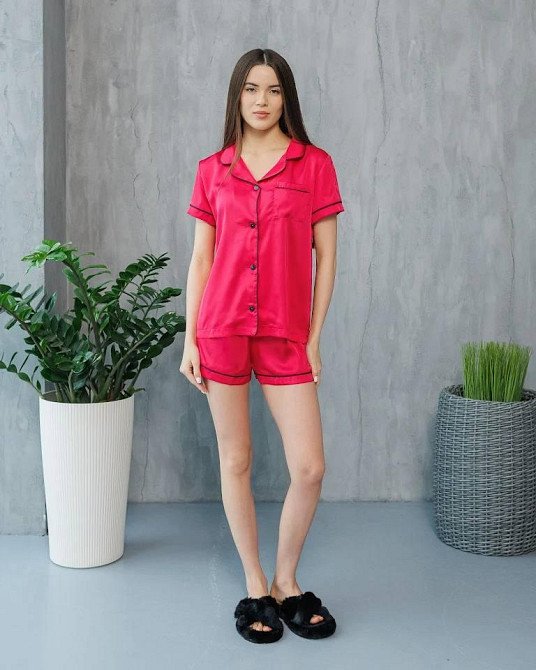 Коплект жіночій шовковий сорочка з шортами Малиновий ч/к M Харків - фото 4