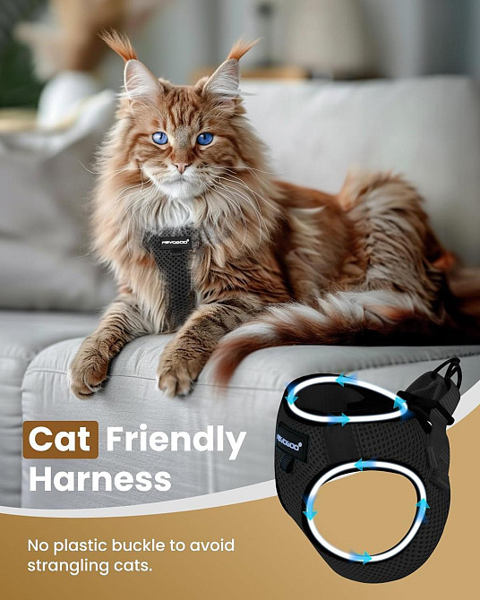 Шлейка для кошки FAYOGOO Черная Регулируемая мягкая сетка анти-побег светоотражающая с поводком комплект Киев - изображение 3
