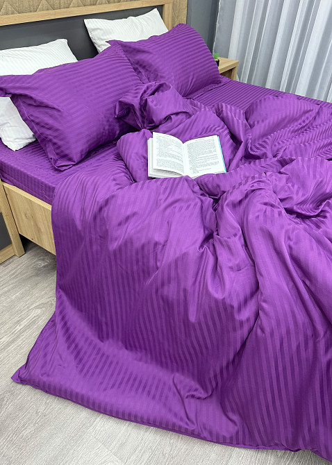 Комплект постельного белья Страйп-сатин Евро 200х230 с простыней на резинке Фуксия (88-093) Киев - изображение 7