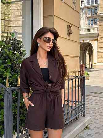 Женский летний базовый костюм двойка: шорты + рубашка свободного кроя лен бохо 46/48, Шоколадный Одесса