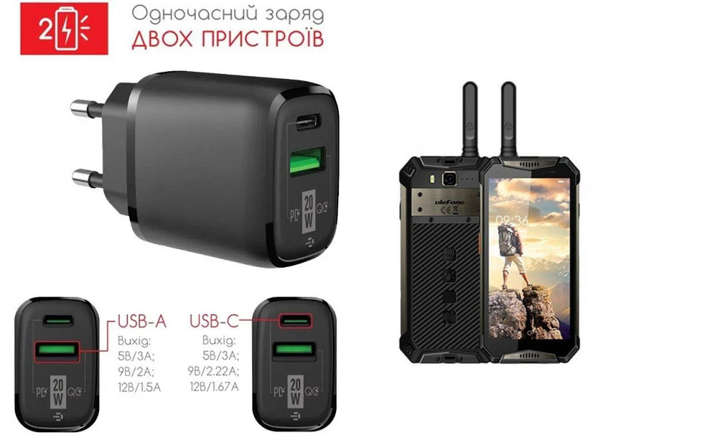 Сетевое зарядное устройство для Ulefone Armor 20 WT, 20W 3A, Quick Charge 3.0 Киев - изображение 1