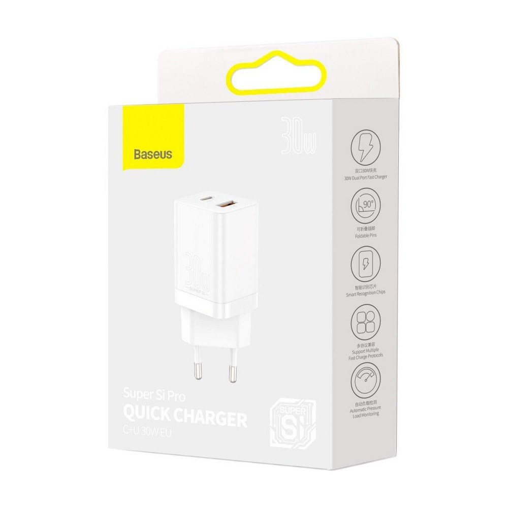 Мережевий зарядний пристрій Baseus Super Si Pro Quick Charger C+U 30W EU, колір білий CCSUPP-E02 Одеса - фото 8