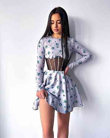 Женское мини платье в цветочном принте с имитацией корсета софт Серый Одесса