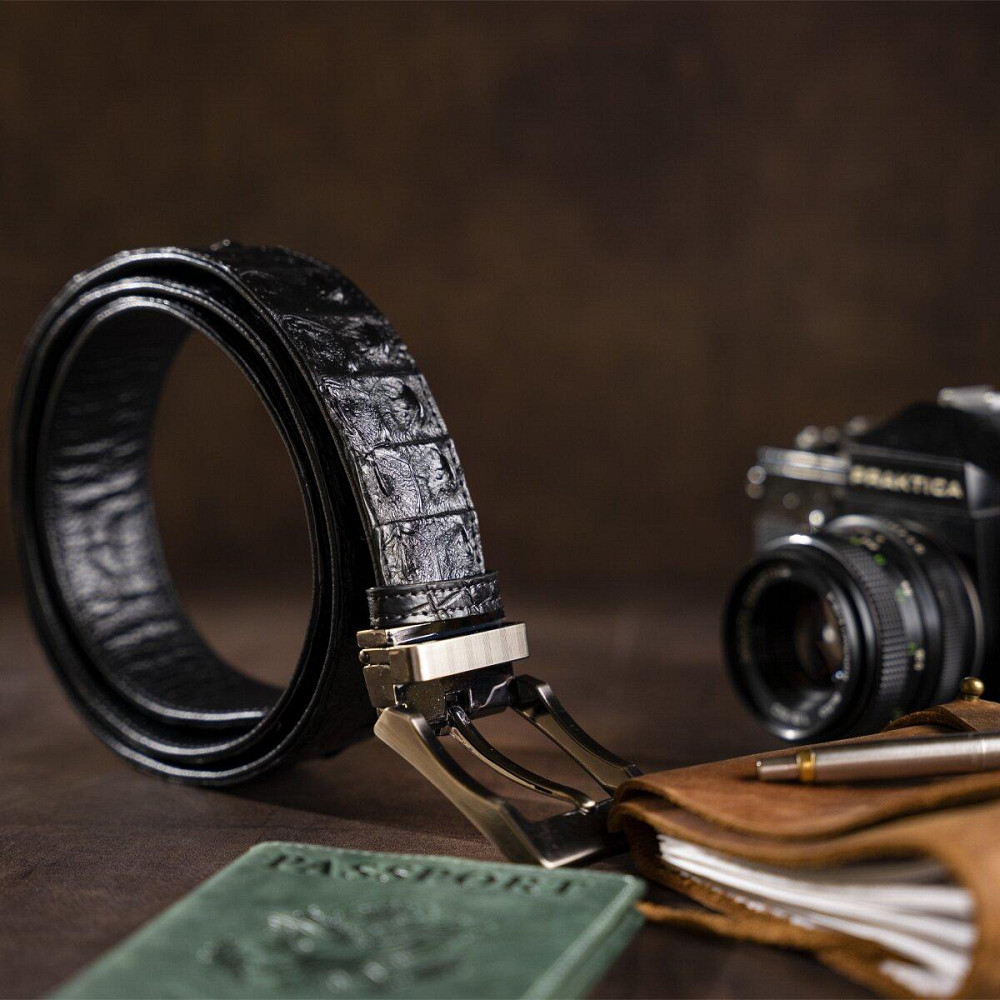 Ремень классика из натуральной кожи крокодила CROCODILE LEATHER 18018 Черный Киев - изображение 7