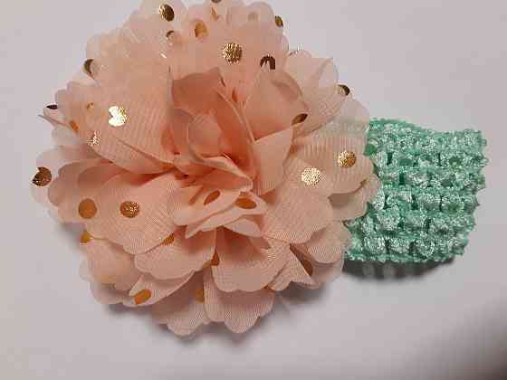 Детская повязка на голову ментоловая + персиковая - окружность головы около 40-52см, диаметр цветка 9см Киев