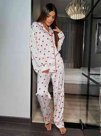 Женская пижама двойка с сердечками из шелка армани Белый, 48/50 Одесса