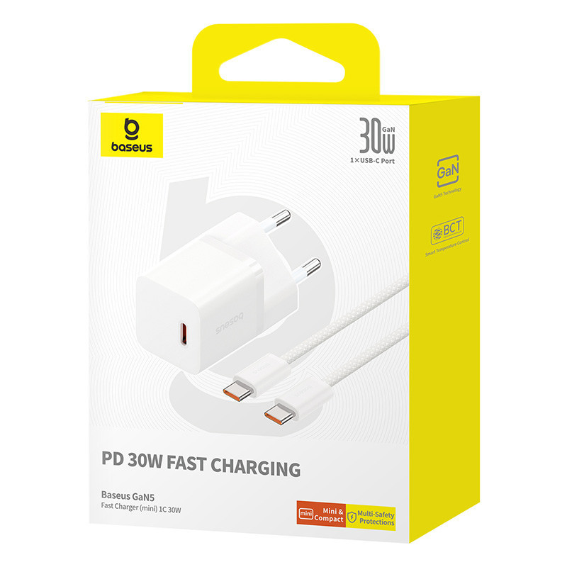 Мережевий зарядний пристрій з кабелем Baseus GaN5 Fast Charger(mini) 1C 30W EU Moon White(With: Fast Charging Одеса - фото 2
