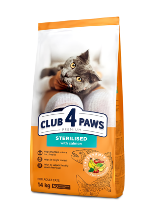 Полнорационный сухой корм для кошек Club 4 Paws (Клуб 4 Лапы) для стерилизованных кошек с лососем, 14 кг Винница