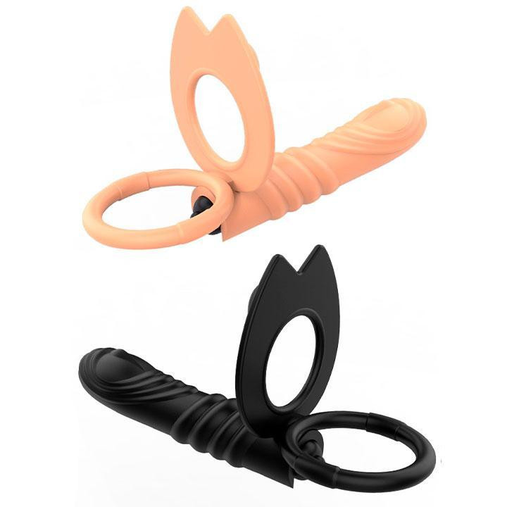 Ерекційне кільце з вібрацією і рельєфним фалоімітатором для подвійного проникнення - Чорний - Анальні іграшки Вінниця - фото 3