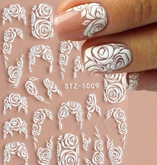 Наклейки для ногтей 3D с розами, белые слайдеры для дизайна маникюра Киев - изображение 1