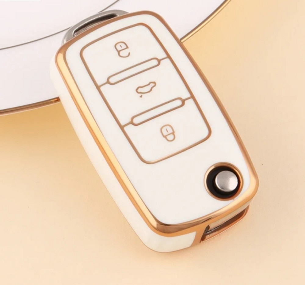 Чохол на автомобільні ключі Volkswagen Skoda 3 кнопки Білий з золотом Сміла - фото 1