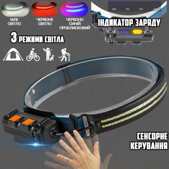 Налобный фонарь Bailong BL-W691-2COB, Красный, Белый+RGB, Motion Sensor, Li-Ion аккум.,Type-C, 8668 Днепр