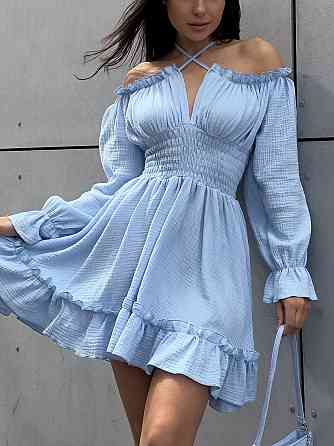 Женское летнее романтичное мини платье натуральный муслин Голубой, 46/48 Одесса