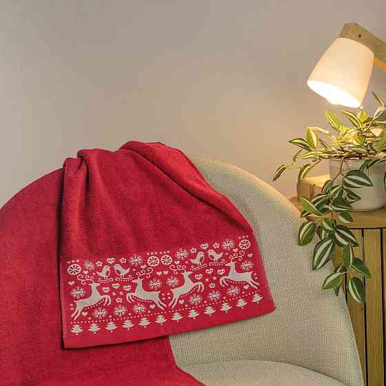 Махровое полотенце для лица и рук Новогодний Merry Christmas Олени GM Textile 50х90см 500г/м2 (Красный) Сумы