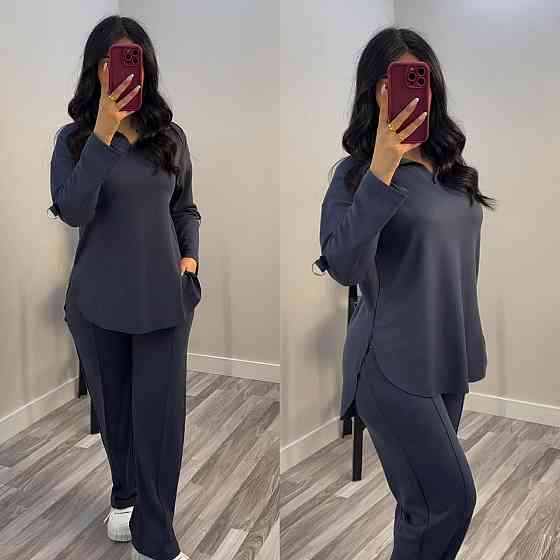 Жіночий стильний повсякденний костюм з V-вирізом двонитка Графіт, 56/58 Одеса