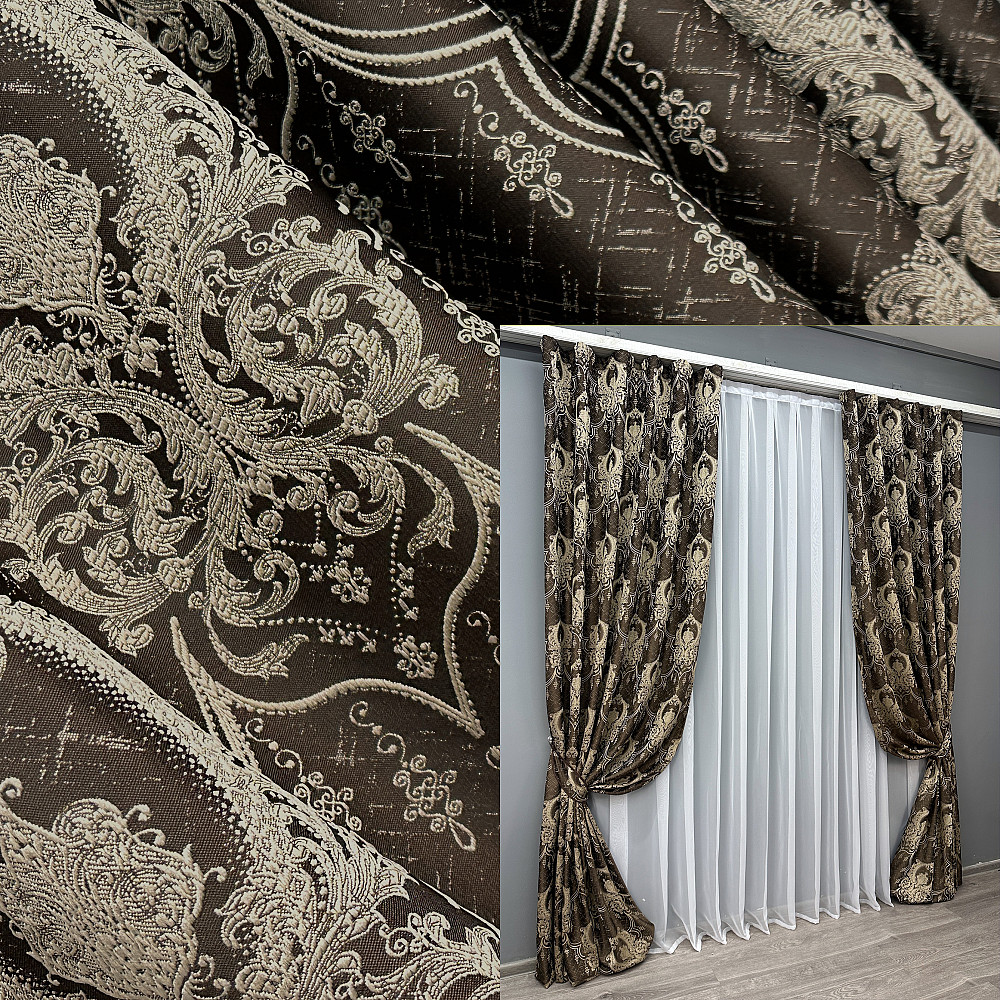 Комплект готових штор VR-Textil Парча № 1774ш Венге з бежевим 155х290 см 2 шт (33-0738) Київ - фото 1