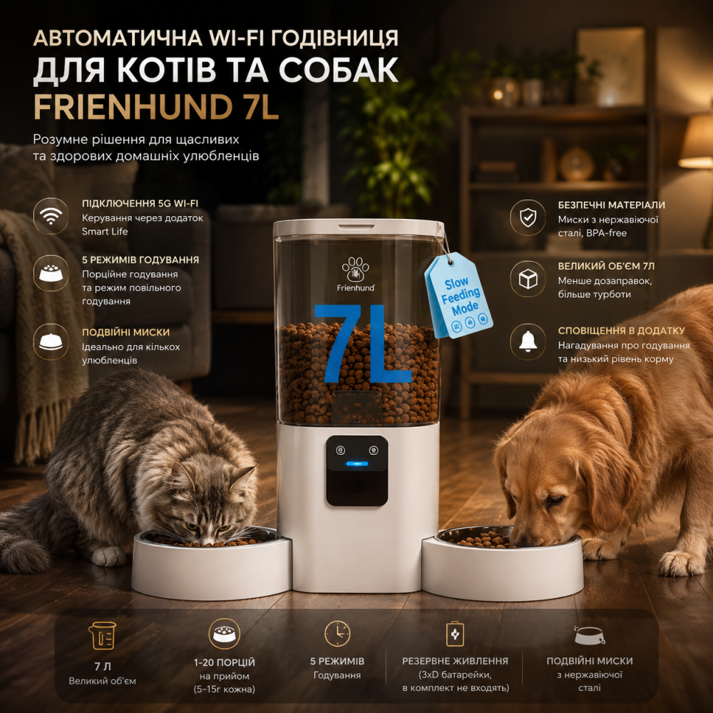 Автоматична WiFi годівниця Frienhund 7л на 2 коти: 5G WiFi, повільне годування, миски з нержавіючої сталі, додаток Smart Life Київ - фото 11