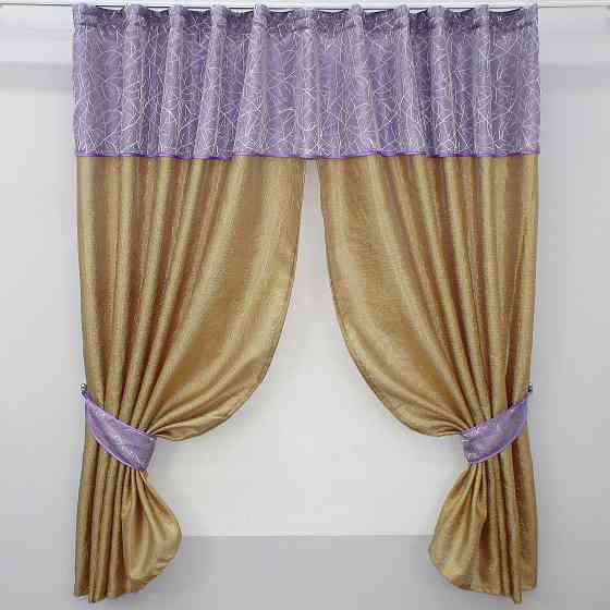 Кухонные шторы VR-Textil № 073к с ламбрекеном и подхватами золотистый с сиреневым 275х170 см (52-0052) Киев