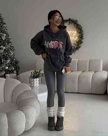 Жіноче тепле оверсайз худі AMORE тринитка на флісі Графіт Одеса