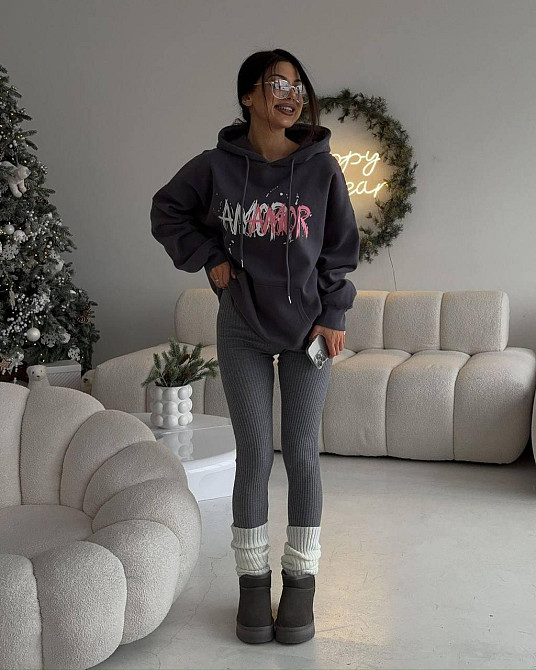 Женское теплое оверсайз худи AMORE трехнить на флисе Графит Одесса - изображение 4