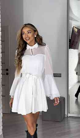 Женское нежное платье с шифоновыми рукавами и воланами костюмка + шифон Молочный, 42/44 Одесса