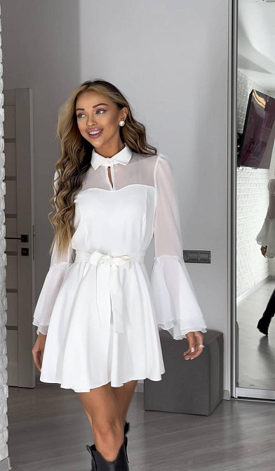 Жіноче ніжне плаття з шифоновими рукавами та воланами костюмка + шифон Молочний, 42/44 Одеса - фото 6