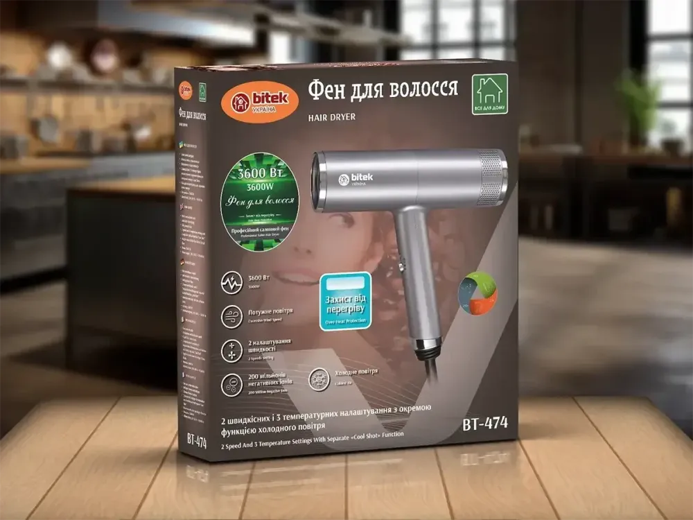 Фен для волос 3600Вт BITEK BT-474, холодный обдув, 2 скорости,3 температуры, бережная сушка волос дома Одесса - изображение 1
