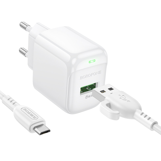 Мережевий зарядний пристрій з кабелем BOROFONE BAS42A Potential single-port QC3.0 charger set(Micro)(EU) White Одеса