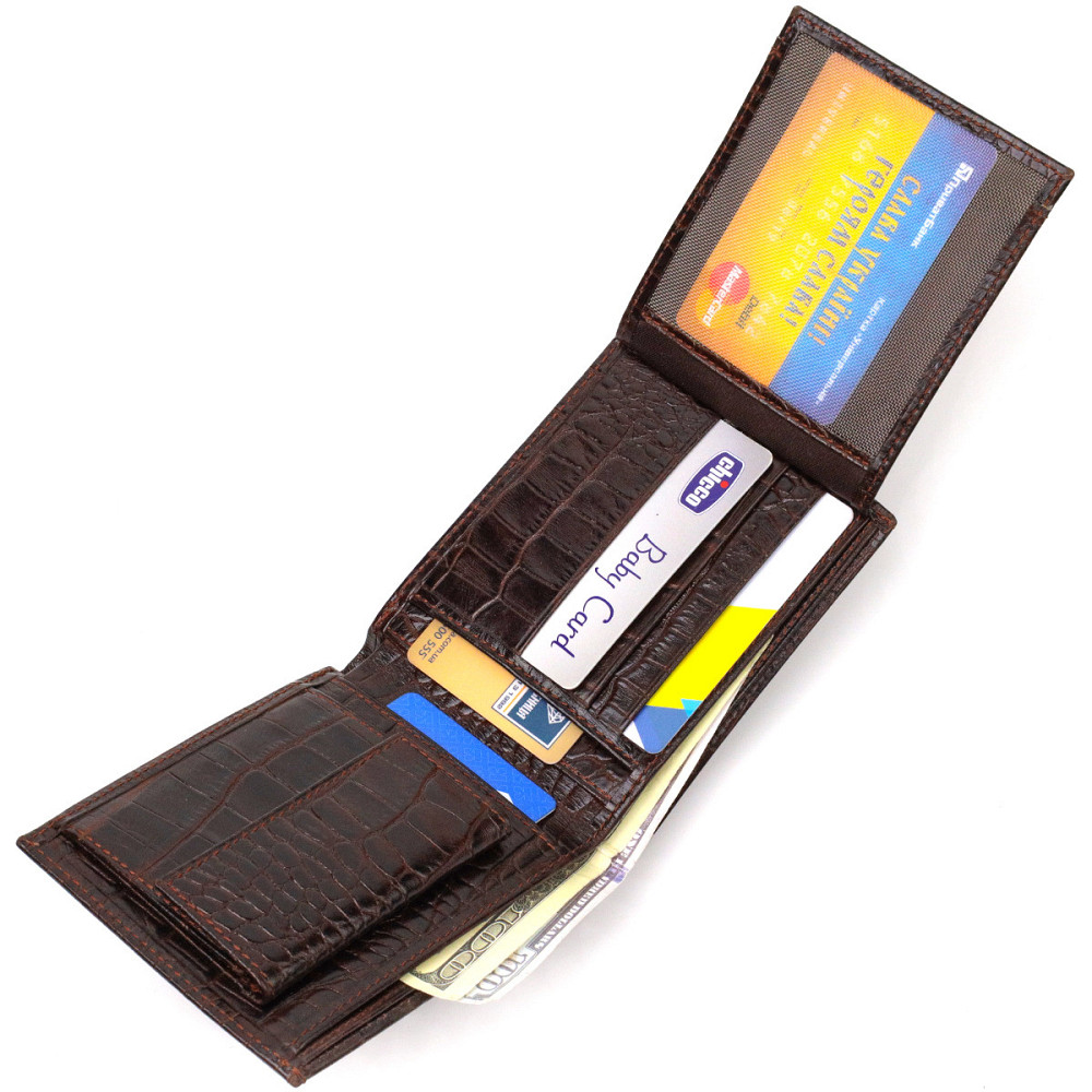 Мужской бумажник без застежки из натуральной кожи с тиснением под крокодила Коричневый (CANPELLINI) Киев - изображение 10