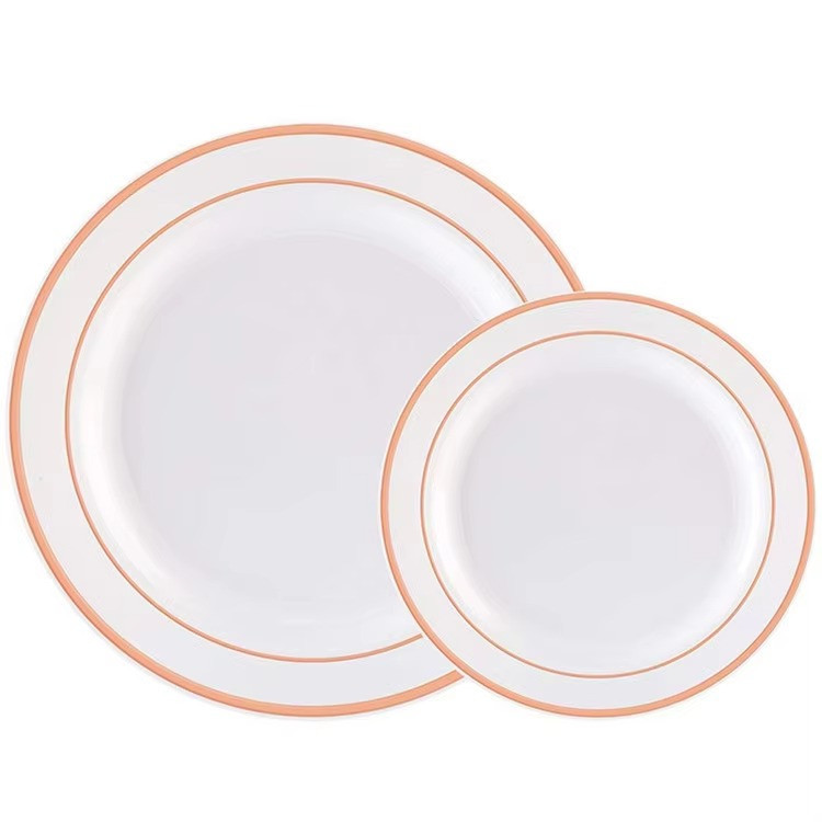 Набір тарілок пластикових 12 шт, десертні 19 см і обідні 26 см, круглі, білі рожево-золотистий візерунок Кам'янець-Подільський - фото 1