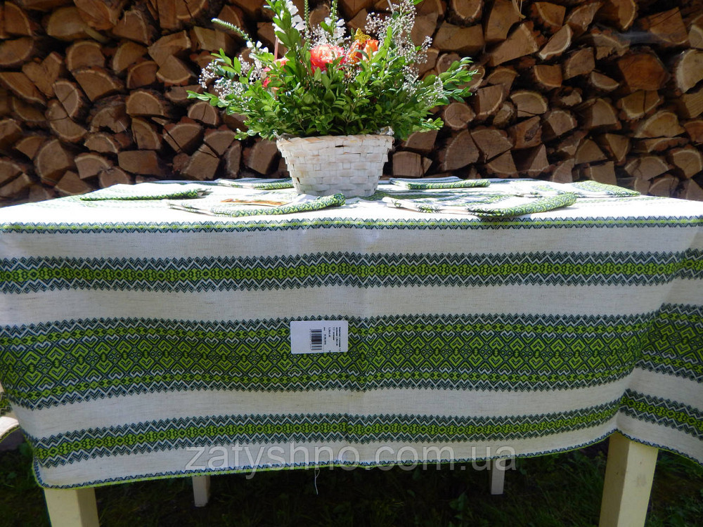 Зеленая вышитая скатерть и салфетки  на льне Киев - изображение 2