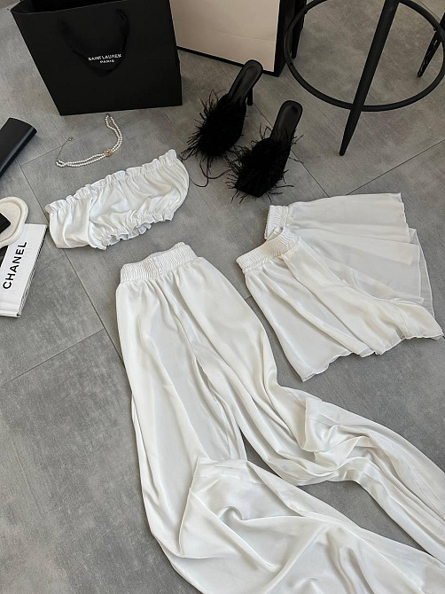 Женская пижама тройка: топ шорты и брюки из шелка армани Молочный, 42/44 Одесса - изображение 7