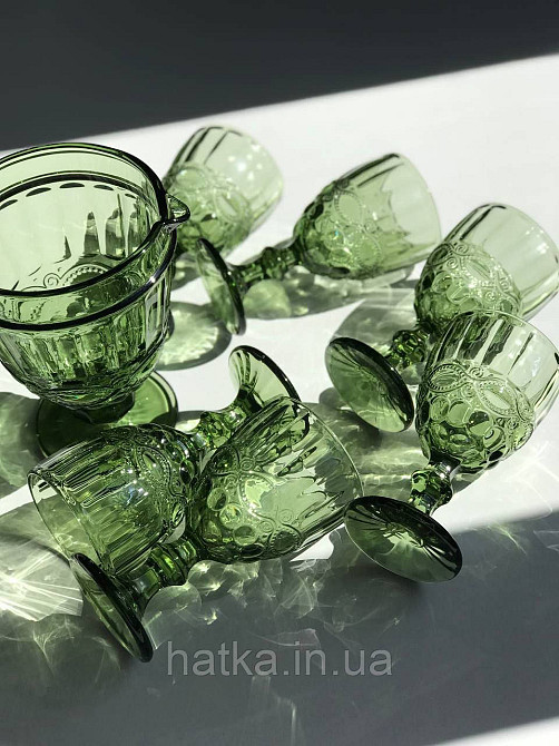 Набір для напоїв 7 предметів 6 шт. келихів + графин 1 л «Вінтаж» 300 мл зелений Київ - фото 2