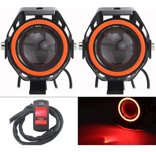 Фари прожектори для мотоцикла U7 LED 12В 3000лм Angel Eyes червоні і кнопка Київ - фото 1
