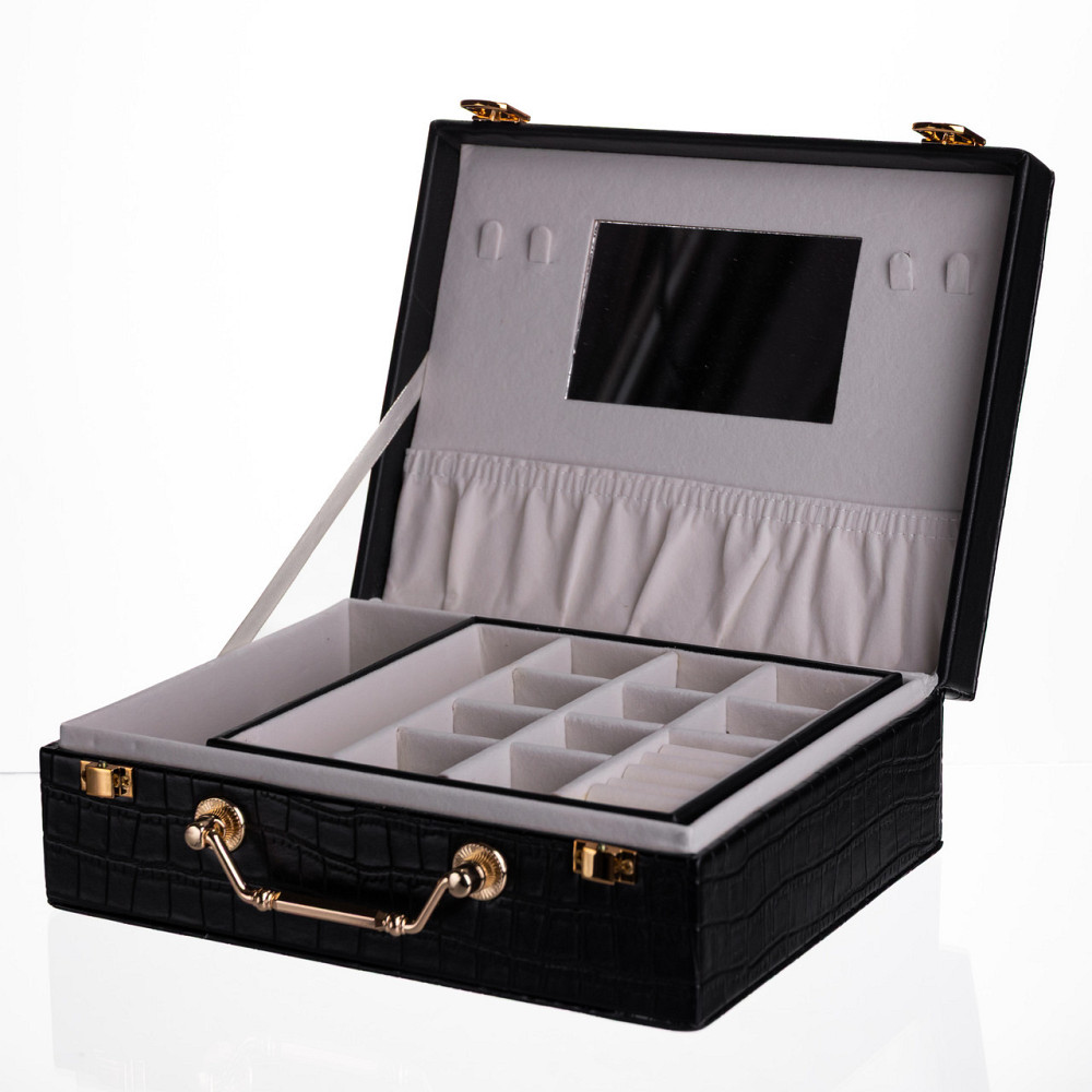 Скринька для прикрас з еко шкіри 19 відділень з дзеркалом 23.5×14×8 см Чорний HP-5-20B Київ - фото 3