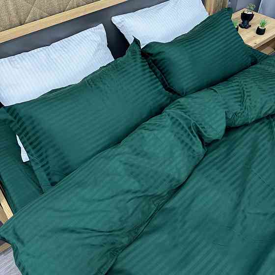 Комплект постільної білизни Страйп-сатин Євро 200х230 з простирадлом на резинці Смарагдовий (88-164) Київ
