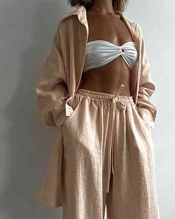 Женский летний оверсайз костюм двойка: рубашка и брюки из смягченного льна креш Пудра, 48/50 Одесса