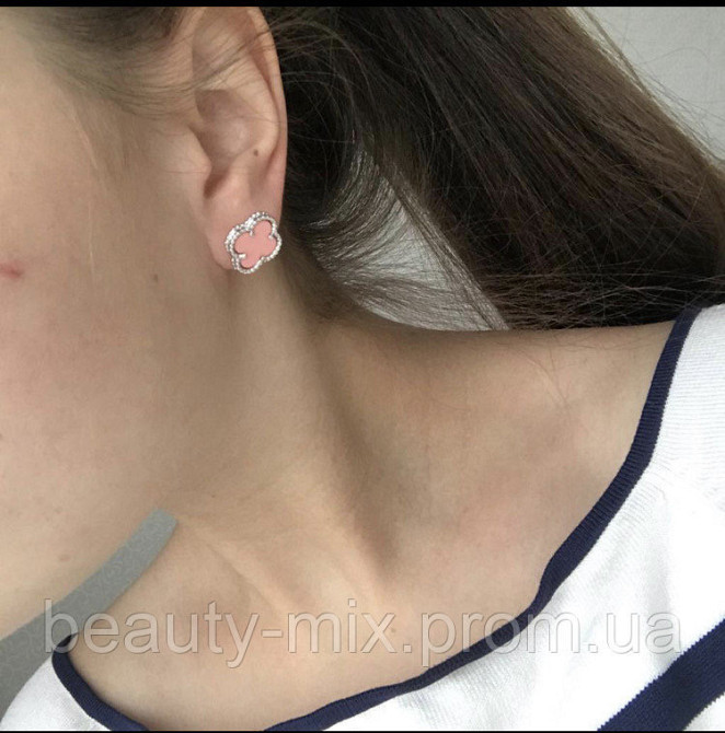 Vancleef серьги розовые гвоздики  клевер Ван Клиф, покрытие серебро и белое золото AU 750 Одесса - изображение 3