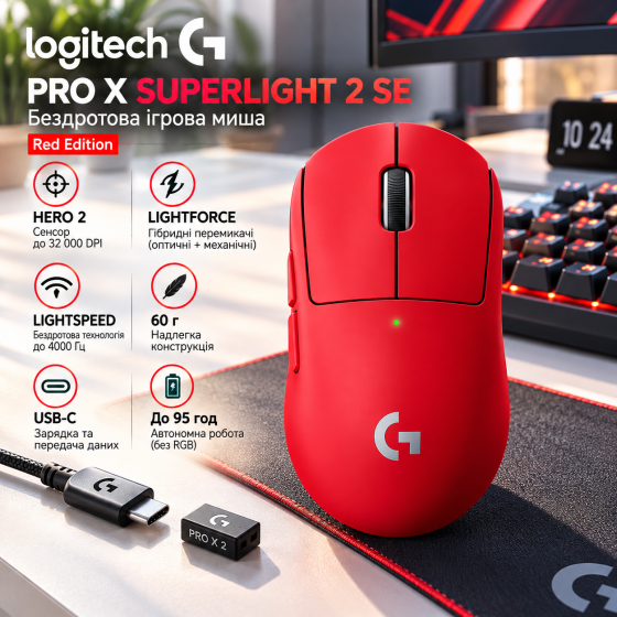 Бездротова ігрова миша Logitech G PRO X SUPERLIGHT 2 SE Red, HERO 2, LIGHTFORCE, LIGHTSPEED, 60 г, USB-C, червона Київ