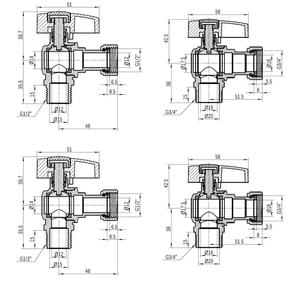Комплект кутових кранів Thermo Alliance Standart 1/2" ВН -3/4" ВЗ з накидною гайкою для під'єднання котла TAS225RBW1520 Київ - фото 9