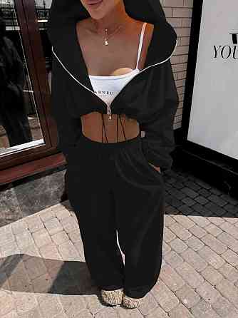 Женский стильный оверсайз костюм двойка: худи и штаны двунитка 42/46, Черный Одесса