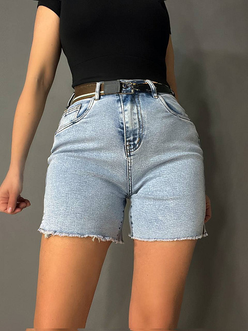 Шорти жіночі джинсові Vindasion 4087 середньої довжини з розрізами та ременем блакитні, блакитний, 2 Одеса - фото 1